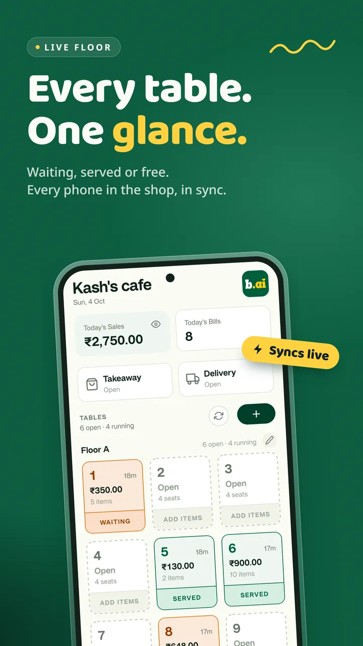 Live floor. Every table at one glance: waiting, served or free, in sync on every phone.